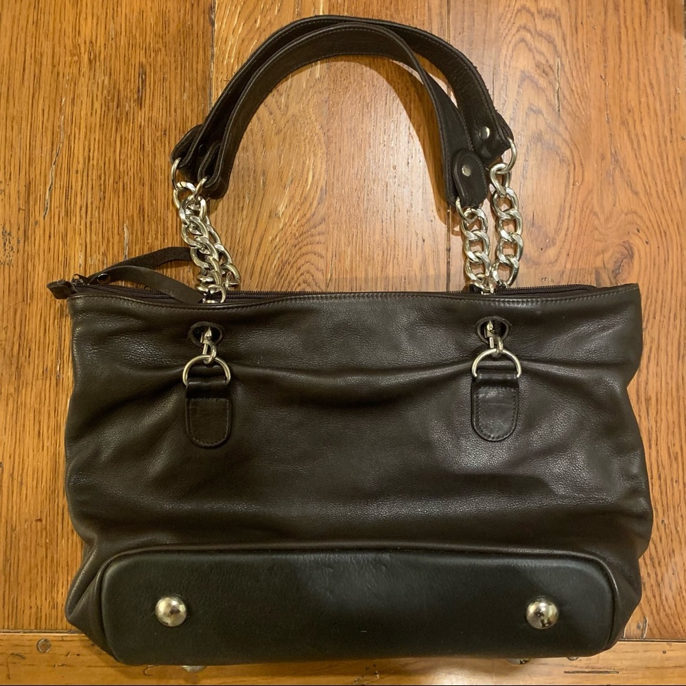 Dark brown leather bag with chain straps